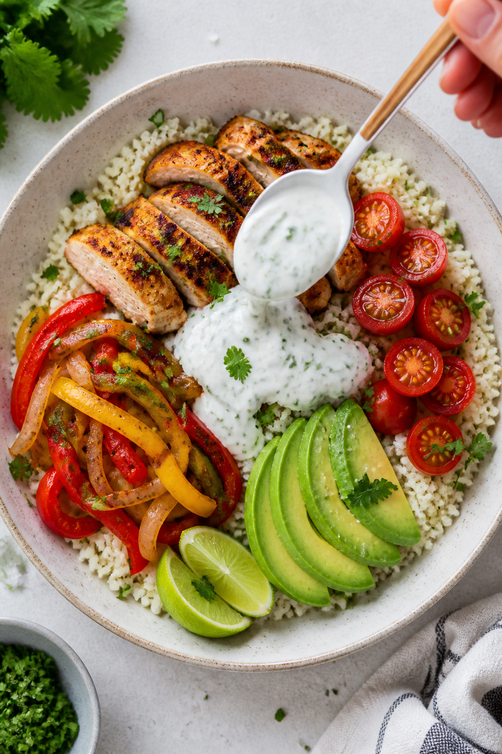 Tasty top view, assembly moment: Overhead shot of a low-carb chicken burrito bowl mid-assembly on a 