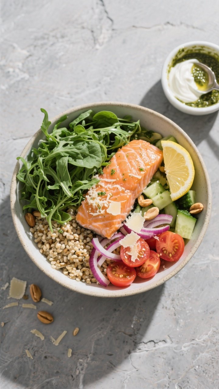 Tasty top view — Assembly of bowls: Overhead shot of a High Protein Pesto Salmon Bowl mid-assembly