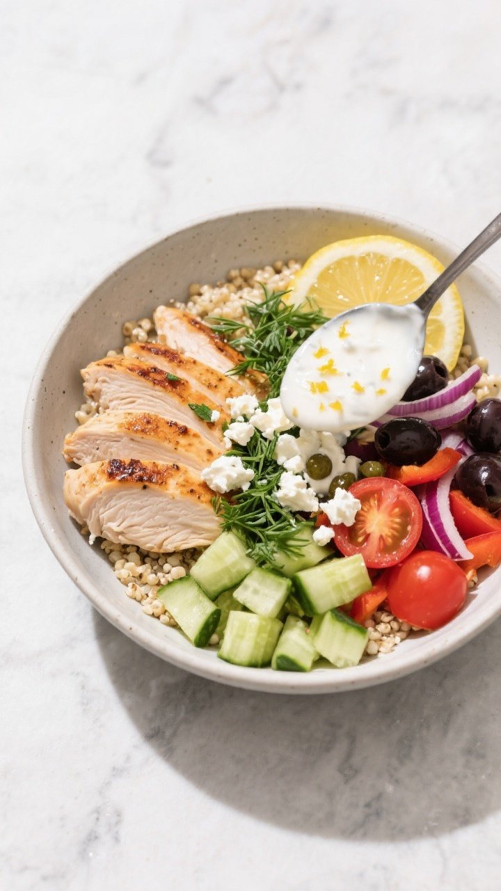 Tasty top view, assembly: Overhead shot of a Mediterranean chicken bowl mid-assembly on a light ston