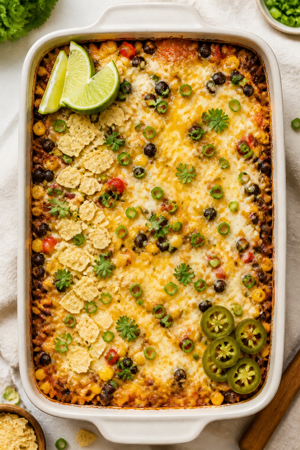 Tasty top-view bake: Overhead shot of the assembled Southwest taco casserole in a 9x13 baking dish j