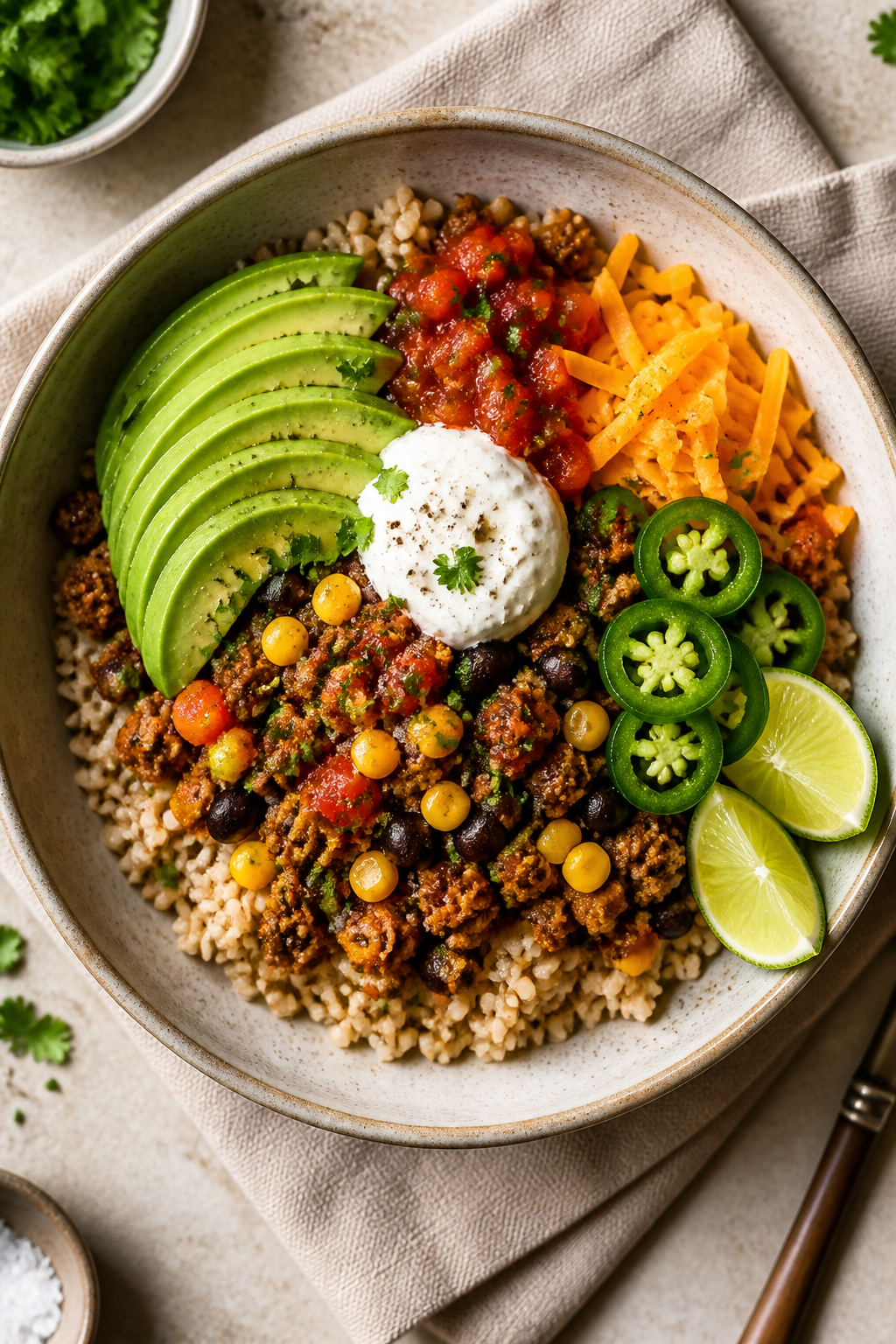 Tasty top-view bowl: Overhead shot of a built high-protein ground turkey burrito bowl over fluffy br