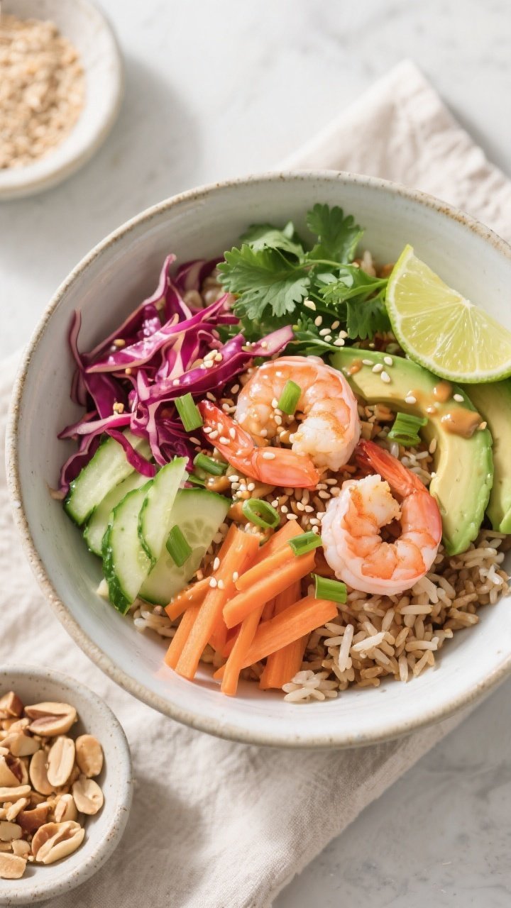 Tasty top-view bowl shot: Overhead shot of Healthy Bang Bang Shrimp Bowl neatly arranged over fluffy