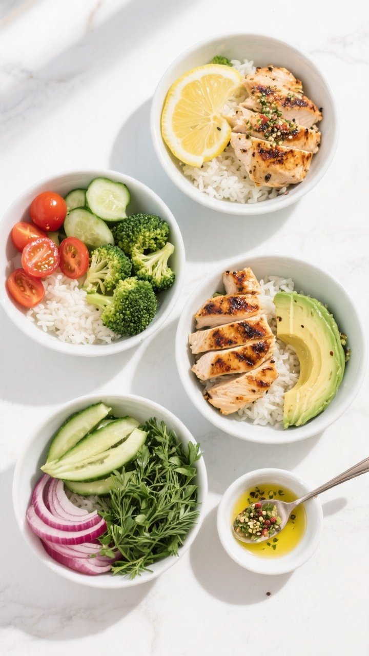 Tasty top view, build-your-own bowl bar: Overhead shot of a Grilled Lemon Pepper Chicken Bowl assemb