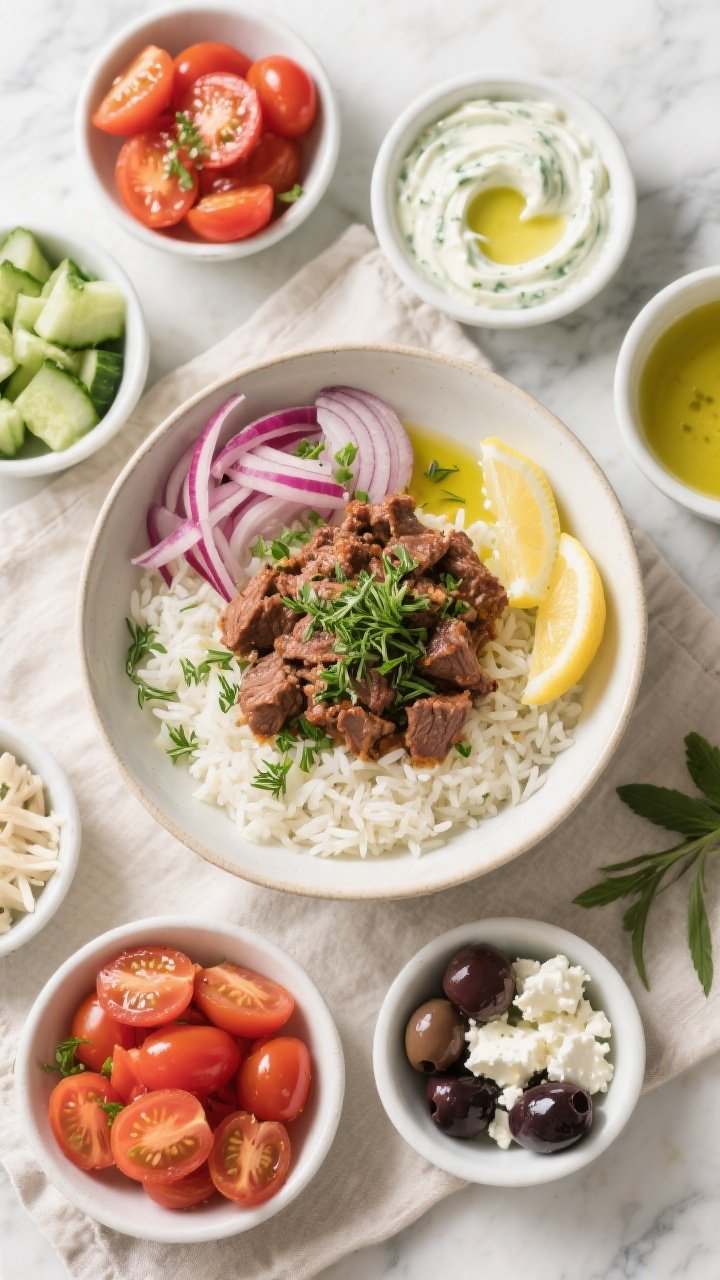 Tasty top view — build-your-own Mediterranean bowl spread: Overhead shot of a prepared assembly sc
