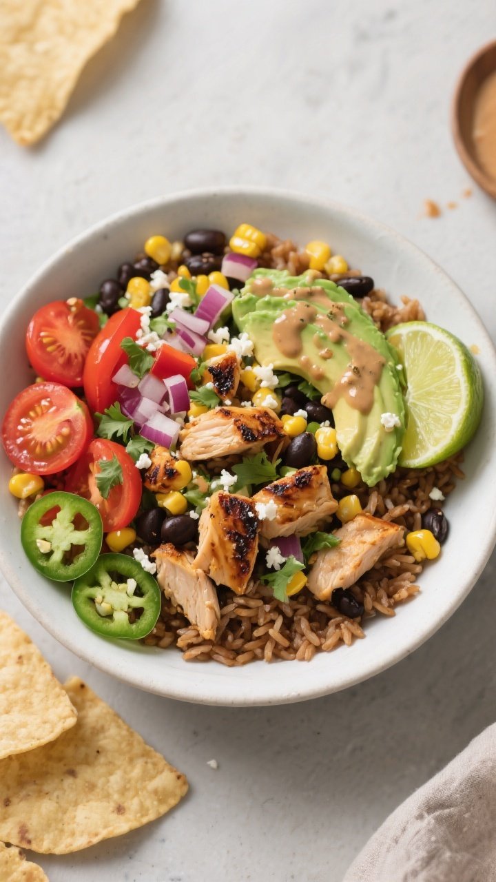 Tasty top view — burrito-bowl vibe: Overhead shot of Southwest Chicken Corn Salad served over warm