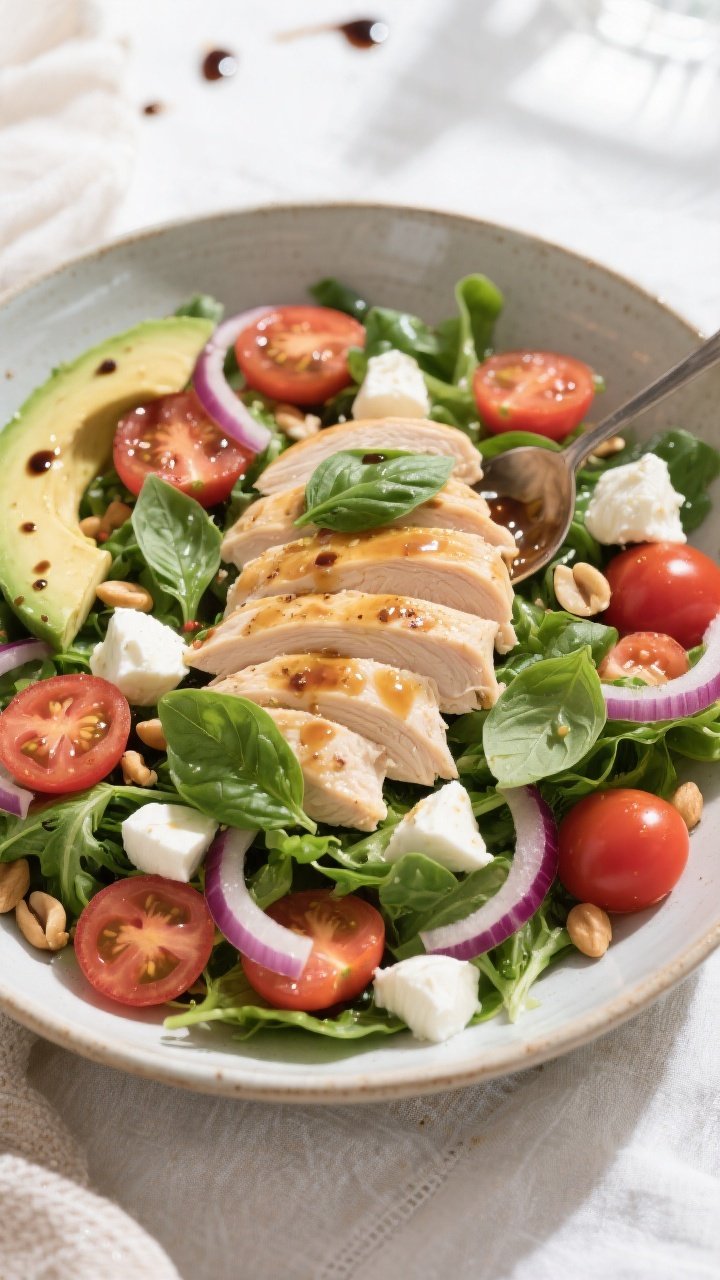 Tasty top view – Composed salad before tossing: Overhead shot of the Caprese Chicken Dinner Salad 