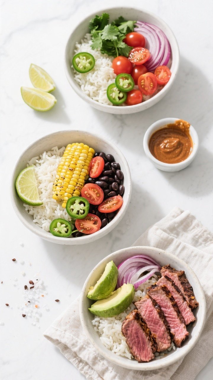Tasty top view, DIY bowl bar: Overhead shot of a build-your-own Grilled Steak Avocado Rice Bowl spre