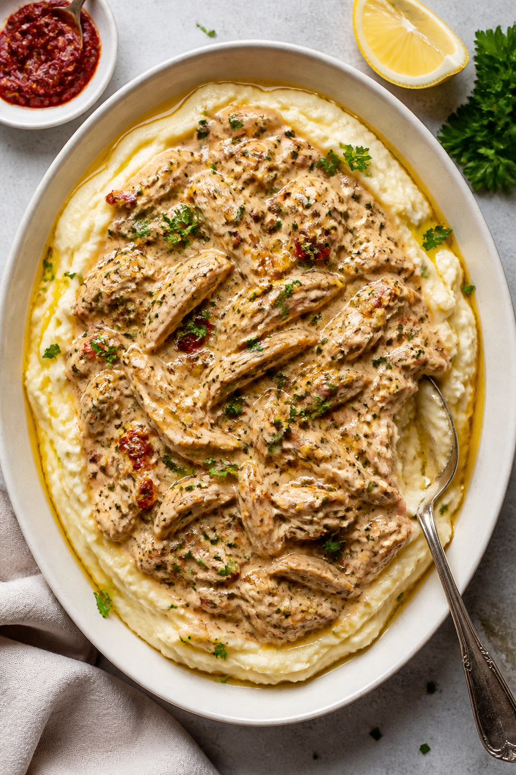 Tasty top view, family-style: Overhead shot of saucy shredded creamy Italian chicken spooned over fl