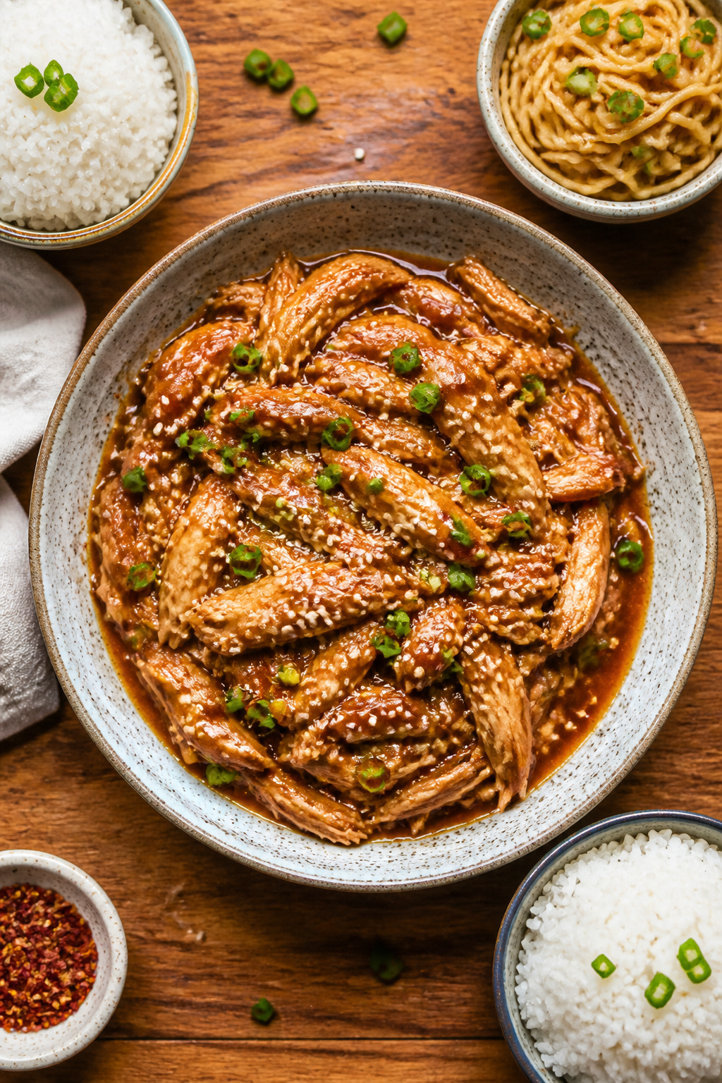 Tasty top-view, family-style: Overhead shot of shredded honey garlic chicken tossed in thick, shiny 