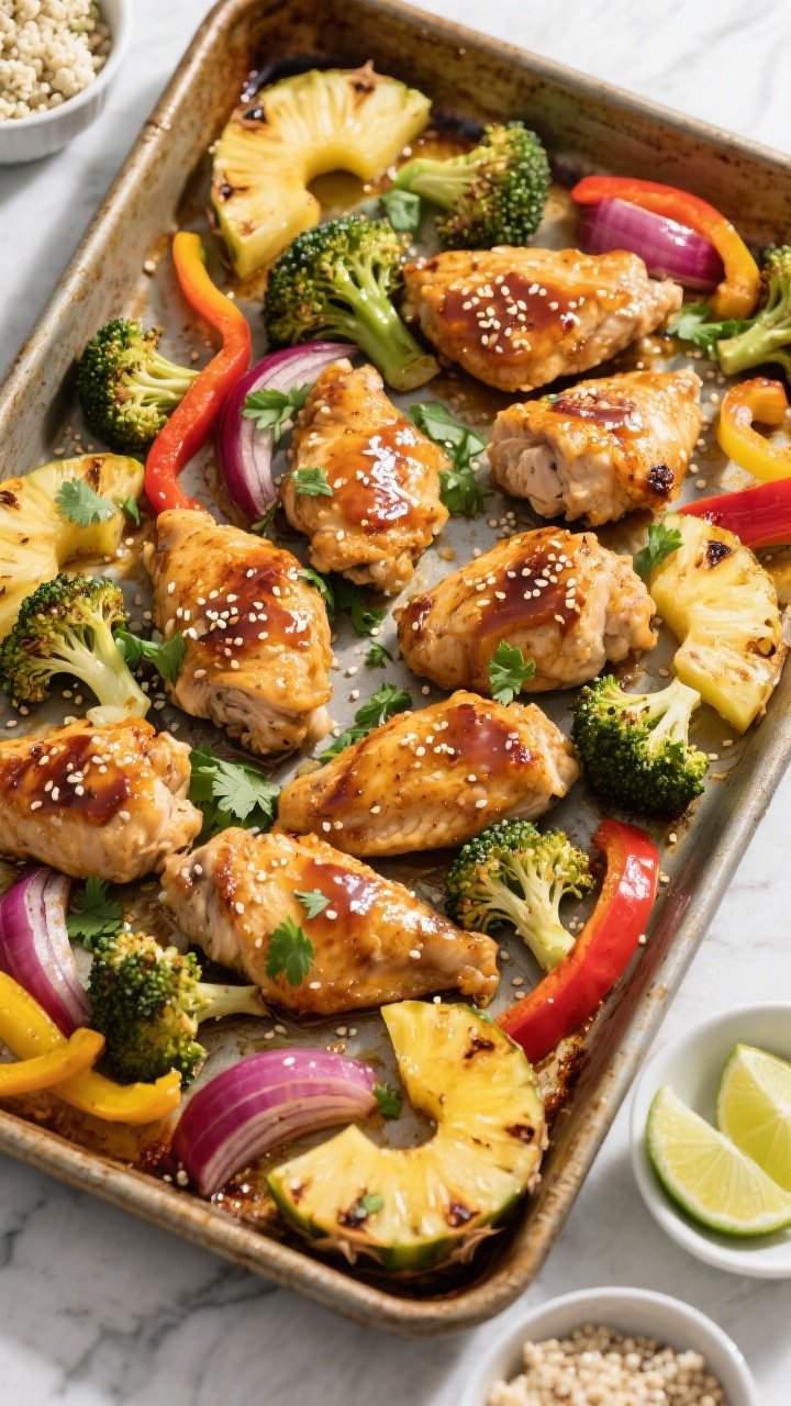 Tasty top view, family-style: Overhead shot of the complete sheet pan just out of the oven, everythi