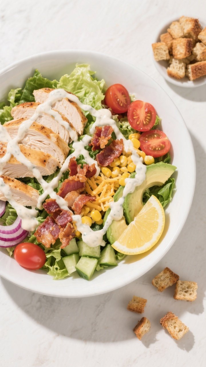 Tasty top view, final assembly: Overhead shot of a Ranch Chicken Bacon Salad Bowl in a wide white se