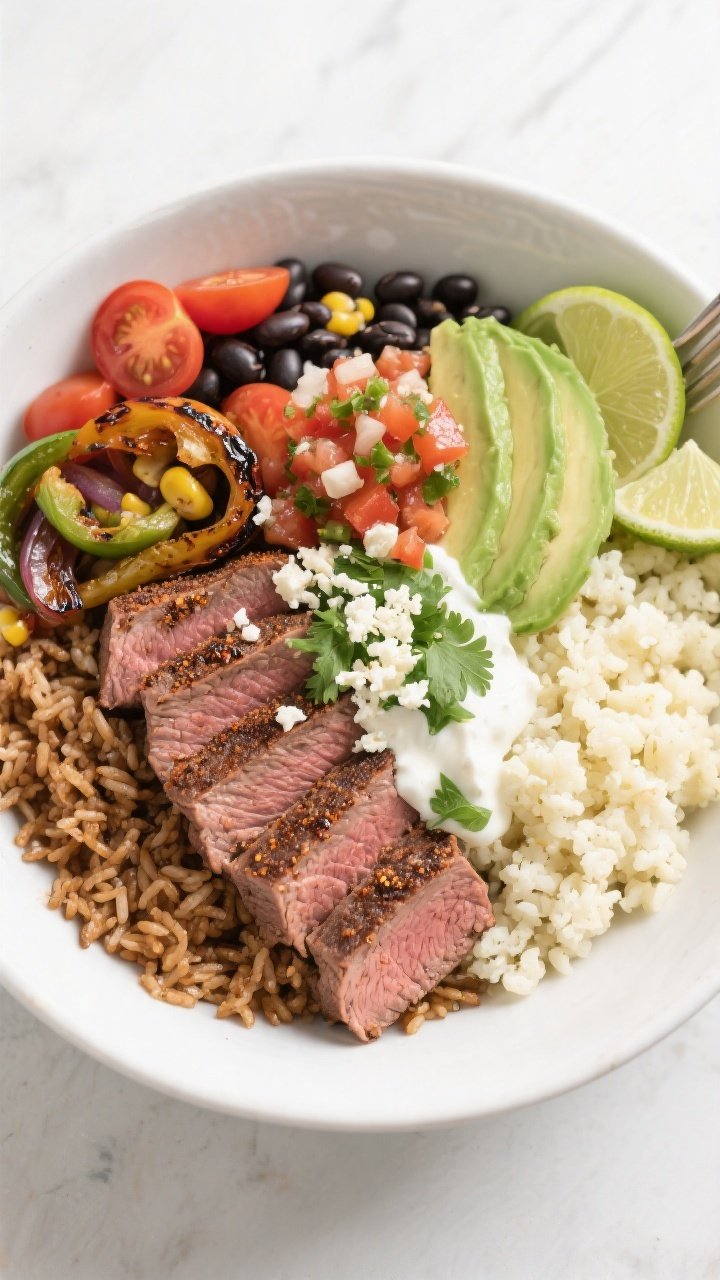 Tasty top view final bowl: Overhead shot of a High Protein Chipotle Steak Bowl arranged in a wide wh