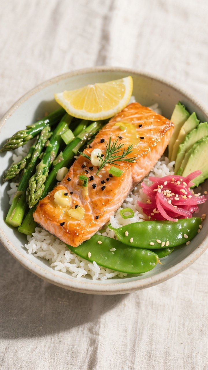Tasty top view (final bowl): Overhead shot of Garlic Butter Salmon Bowl beautifully assembled—fluf