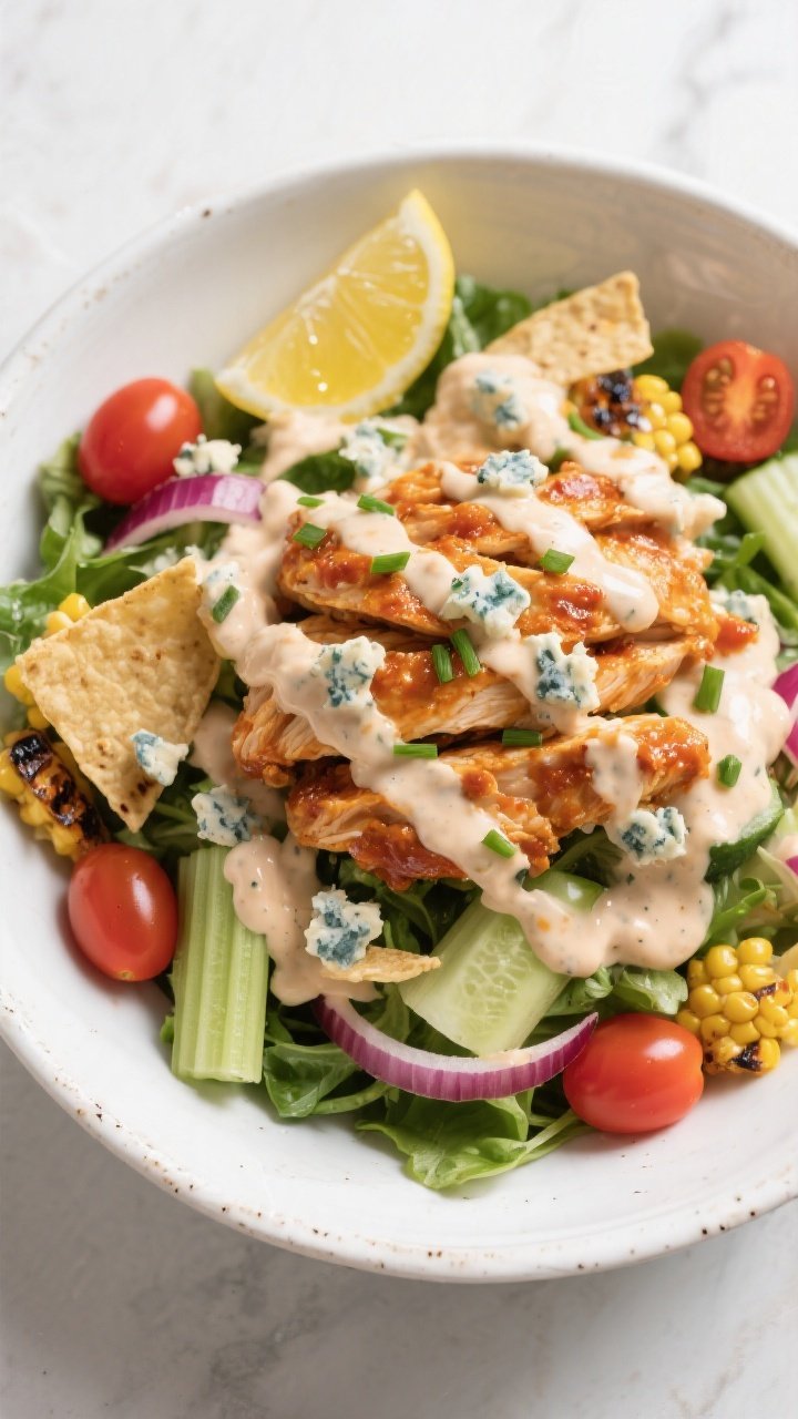 Tasty top view: Final Buffalo Chicken Ranch Salad assembled in a shallow white ceramic bowl—lush g
