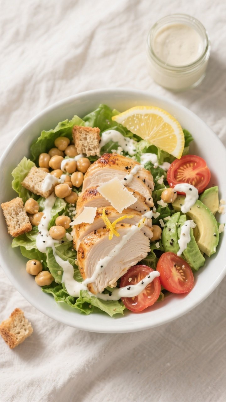 Tasty top view, final dish: Overhead shot of a High Protein Chicken Caesar Bowl—bed of crisp romai