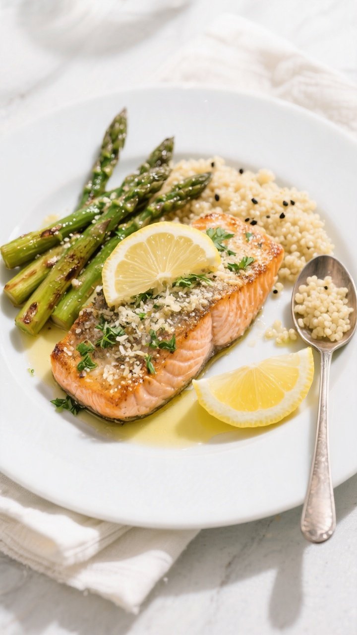 Tasty top view (final dish): Overhead shot of beautifully plated Garlic Parmesan Salmon on a matte w