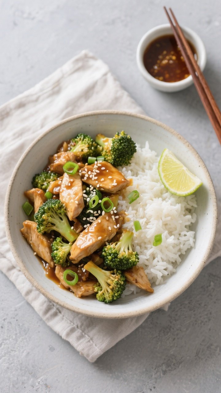 Tasty top view final dish: Overhead shot of Chicken and Broccoli Stir Fry served over fluffy white r