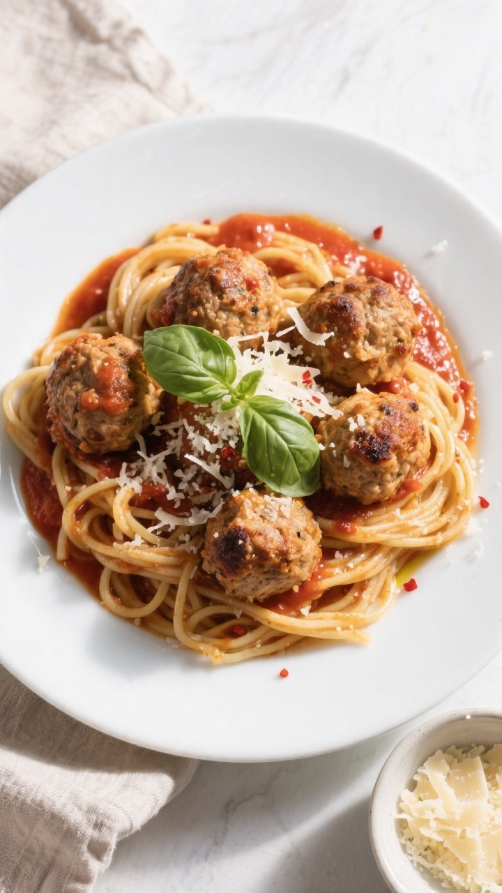 Tasty top view, final dish: Overhead shot of High-Protein Baked Chicken Meatballs Marinara served ov
