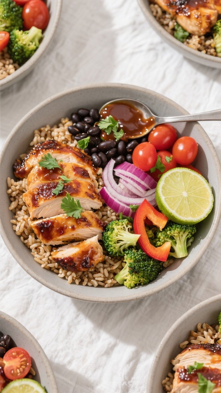 Tasty top view final dish: Overhead shot of High-Protein BBQ Chicken Meal Prep Bowls—neatly arrang