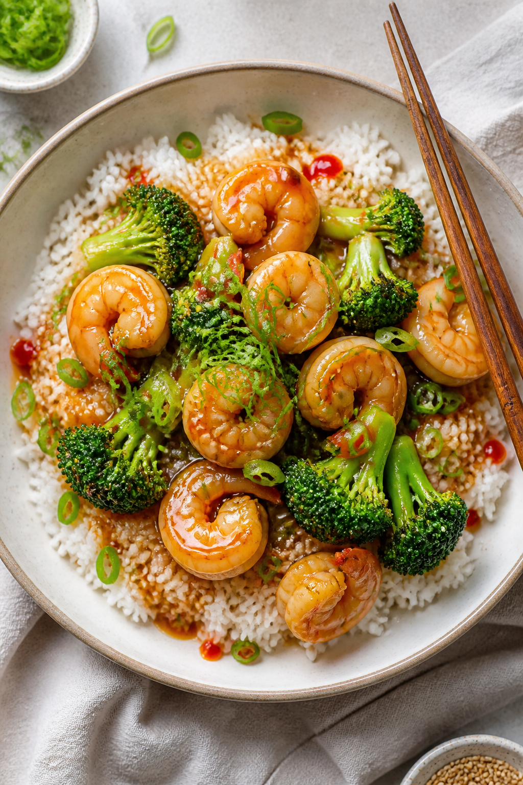 Tasty top view, final dish: Overhead shot of Protein-Packed Shrimp & Broccoli Stir Fry served over f