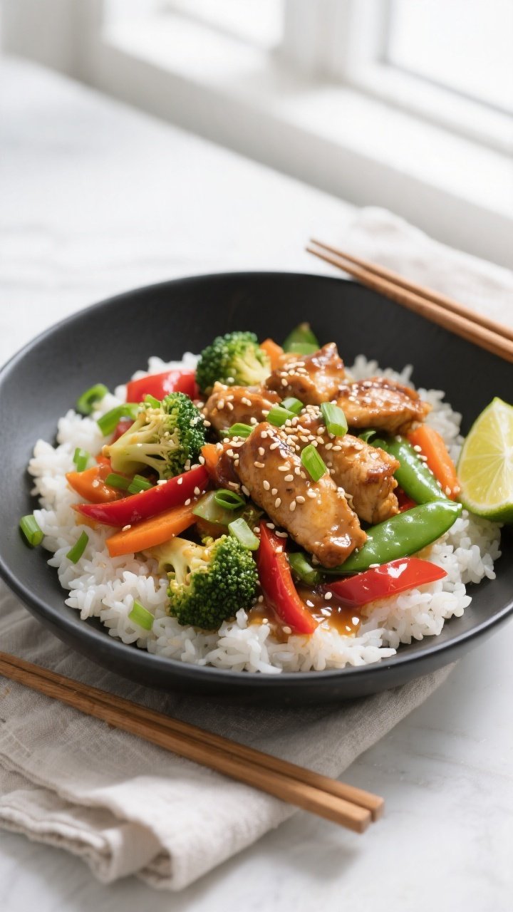Tasty top view, final dish: Overhead shot of Sesame Chicken Stir Fry served over fluffy steamed whit
