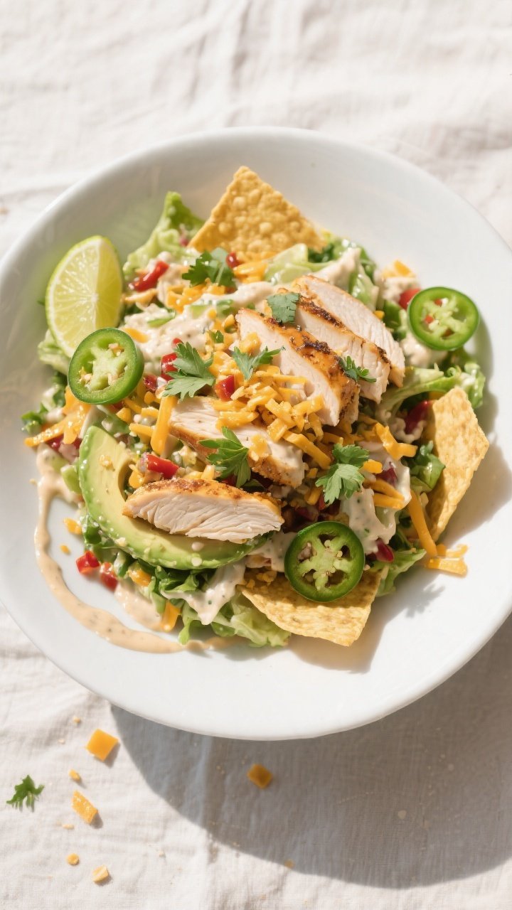 Tasty top view final dish: Overhead shot of the finished Creamy Avocado Taco Salad in a wide, white