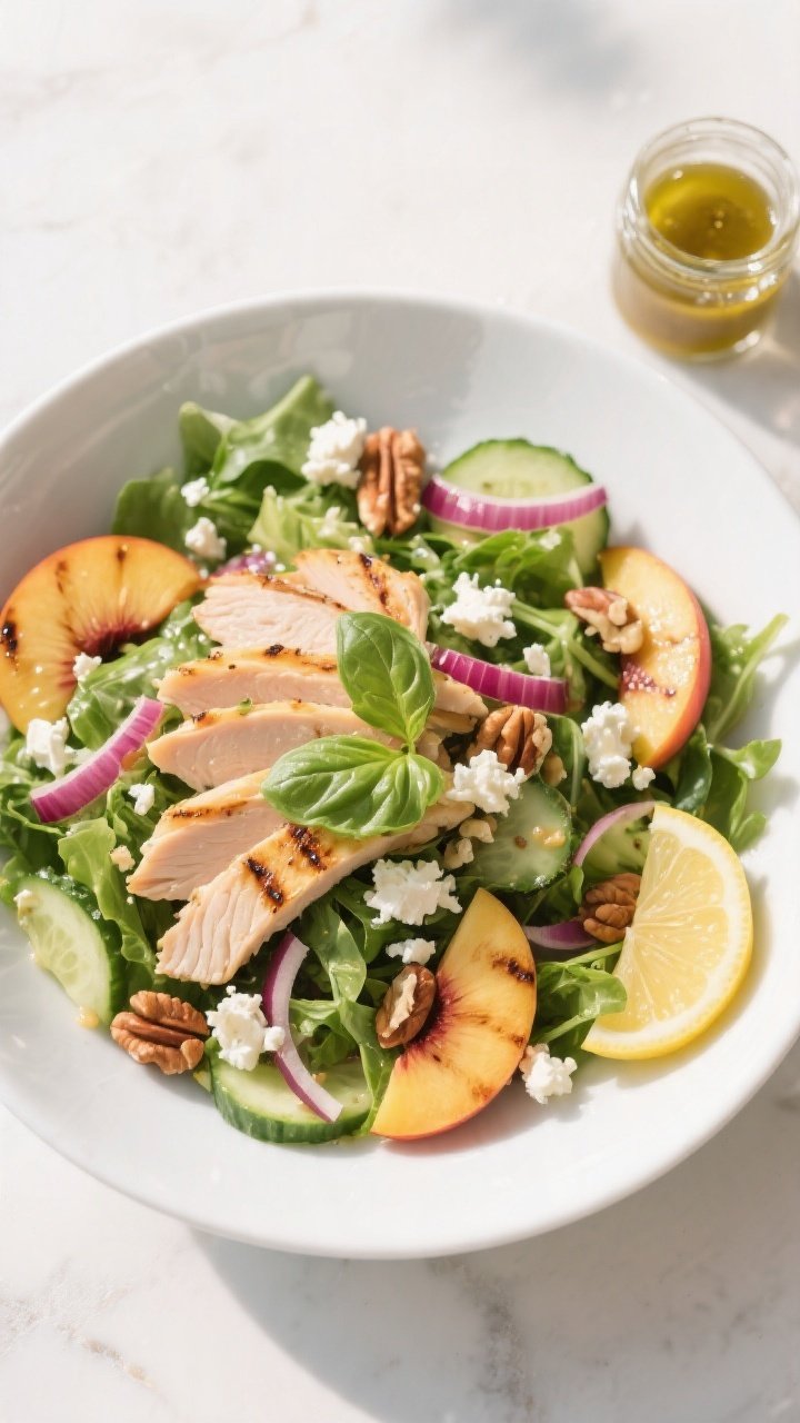 Tasty top view final dish: Overhead shot of the fully assembled Grilled Peach Chicken Salad in a wid