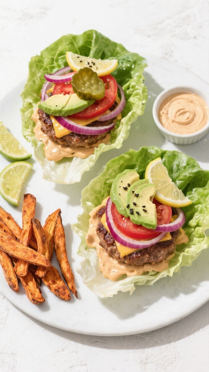 Tasty top view/final dish: Overhead shot of turkey burger lettuce wraps assembled on a matte white p