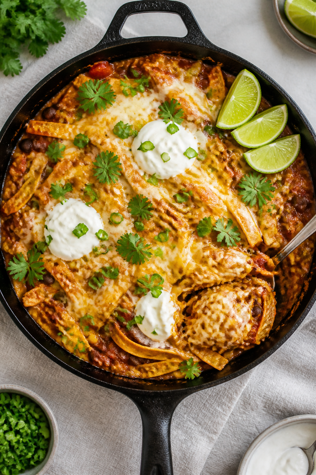 Tasty top view, final in-skillet: Overhead shot of the finished high protein chicken enchilada skill