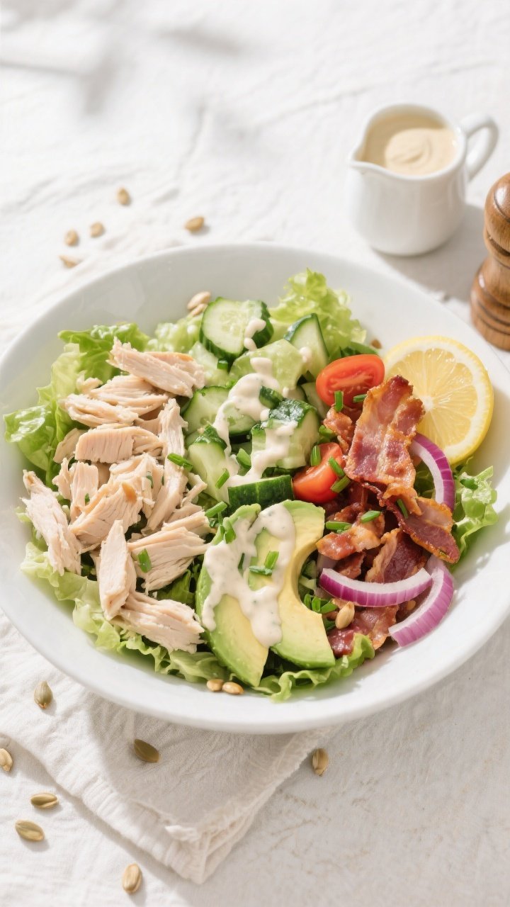 Tasty top view final presentation: Overhead shot of Healthy Chicken Bacon Ranch Salad fully assemble
