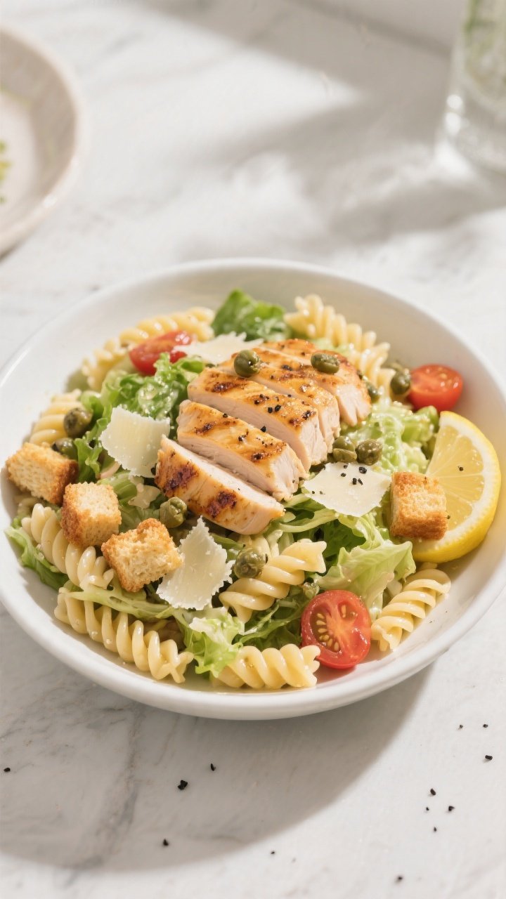 Tasty top view final presentation: Overhead shot of the finished Grilled Chicken Caesar Pasta Salad 
