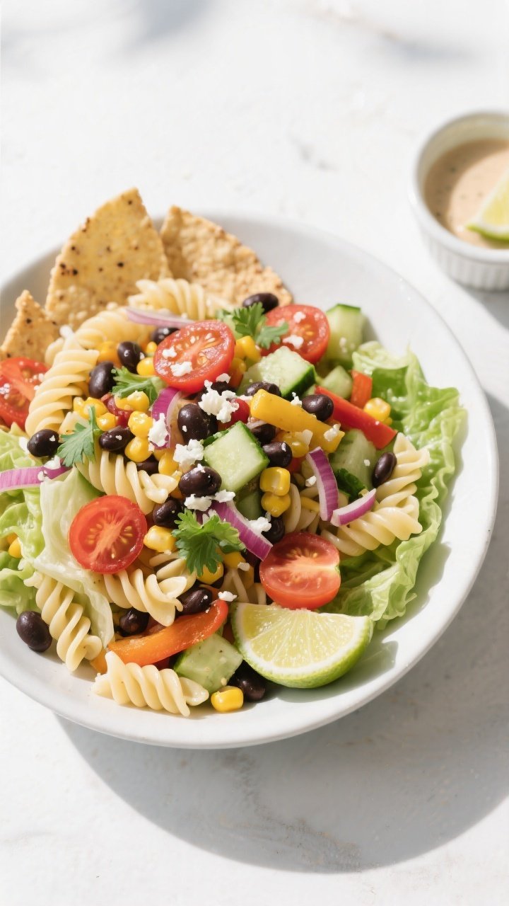 Tasty top view final presentation: Overhead shot of Healthy Taco Pasta Salad in a wide, matte-white