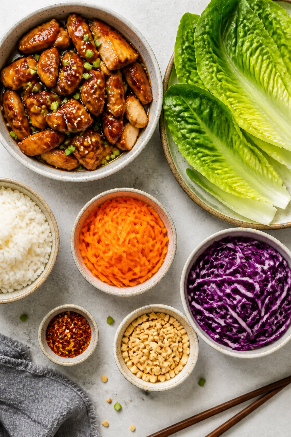 Tasty top view for variety/meal prep: Overhead shot of a build-your-own spread: a shallow bowl of gl