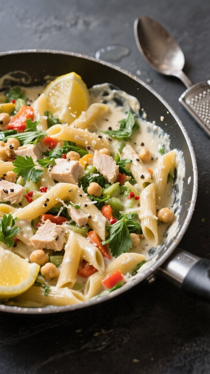 Tasty top view — glossy toss with pasta water: Overhead shot of high-protein penne primavera being