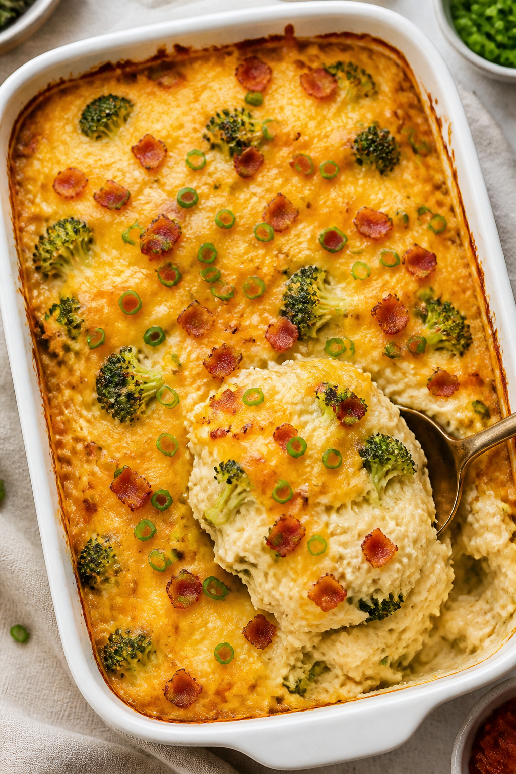 Tasty top view, in-pan: Overhead shot of the baked Keto Crack Chicken Casserole in a 9x13 dish—che