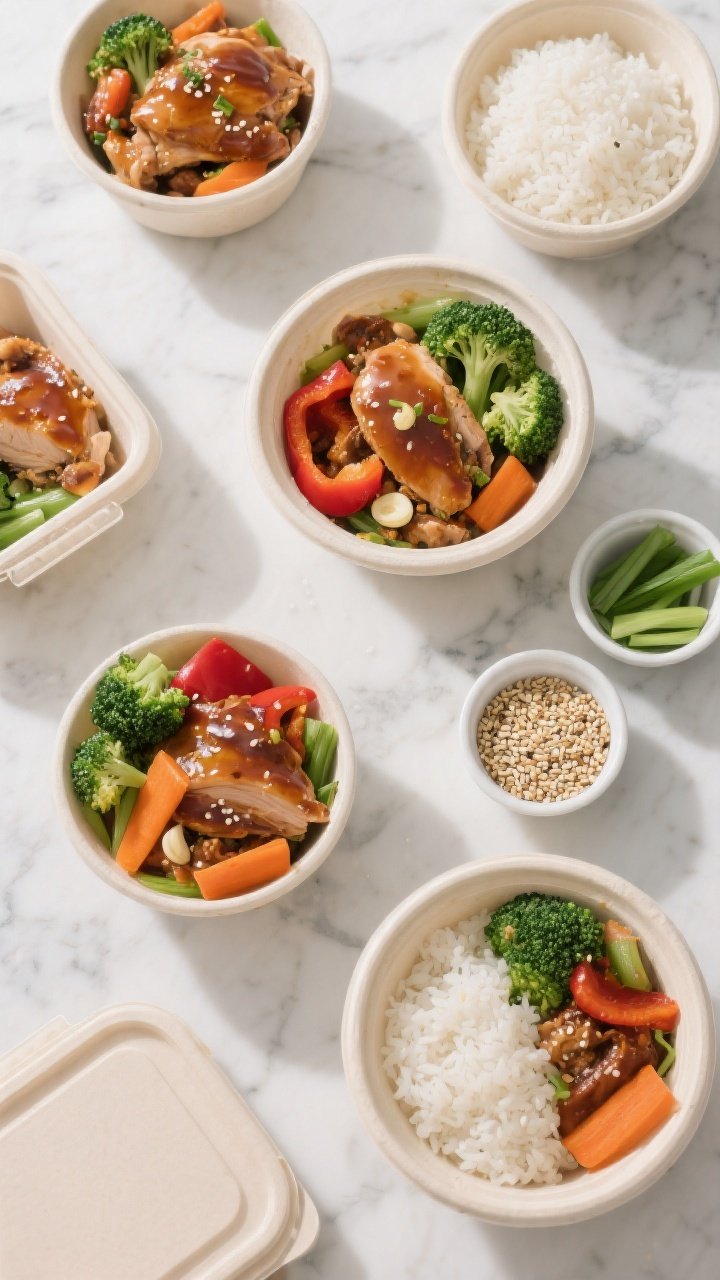 Tasty top view, meal-prep angle: Overhead shot of multiple neatly composed bowls and containers—st