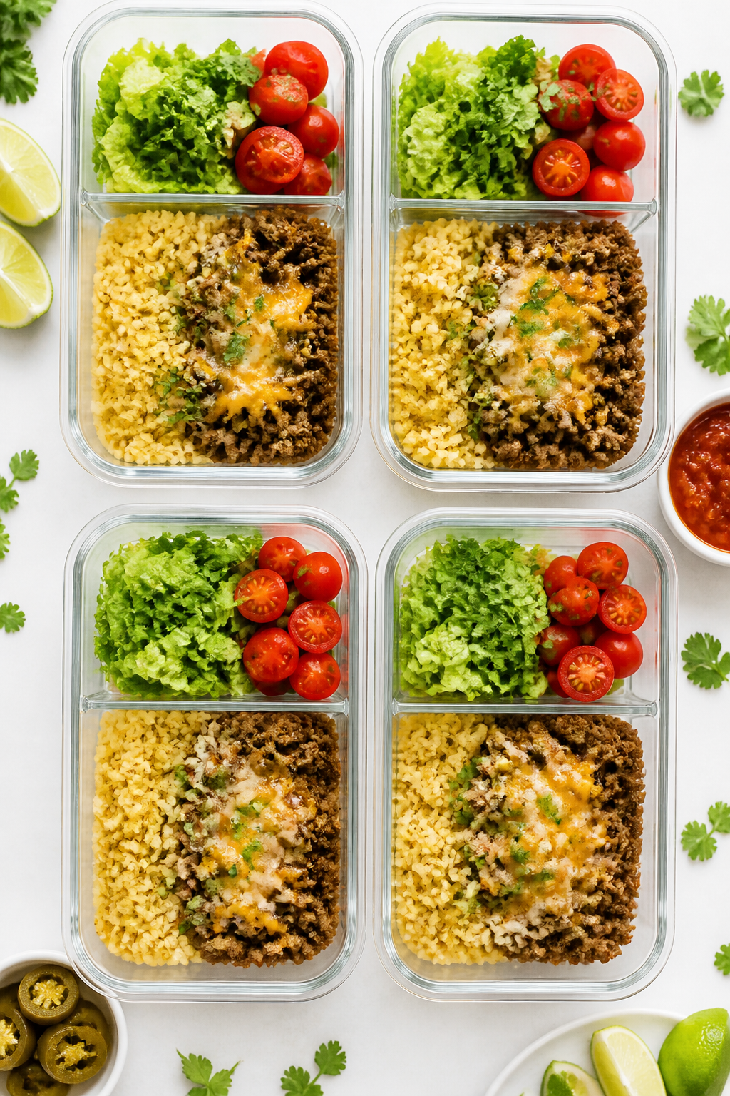 Tasty top view, meal-prep assembly: Overhead shot of 4 neatly arranged Low Carb Beef Taco Meal Prep 