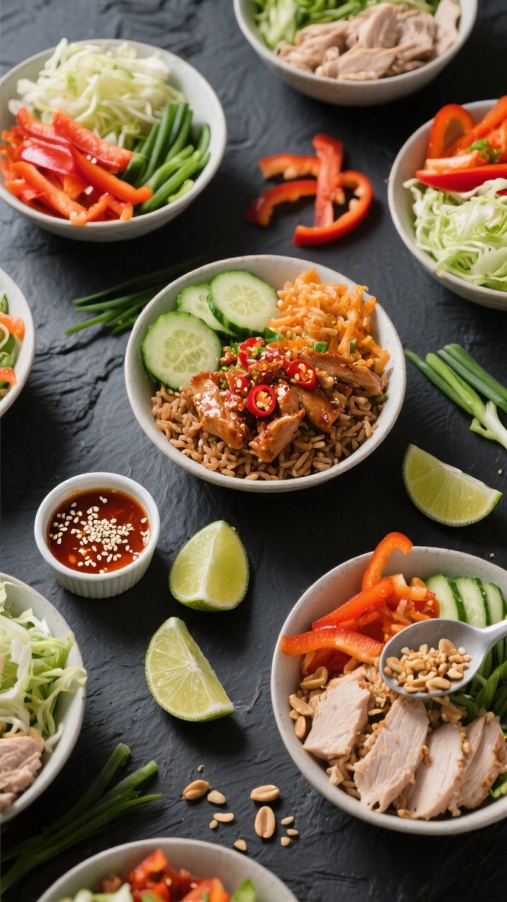 Tasty top-view meal prep/assembly: Overhead shot of multiple build-your-own turkey bowls on a dark s