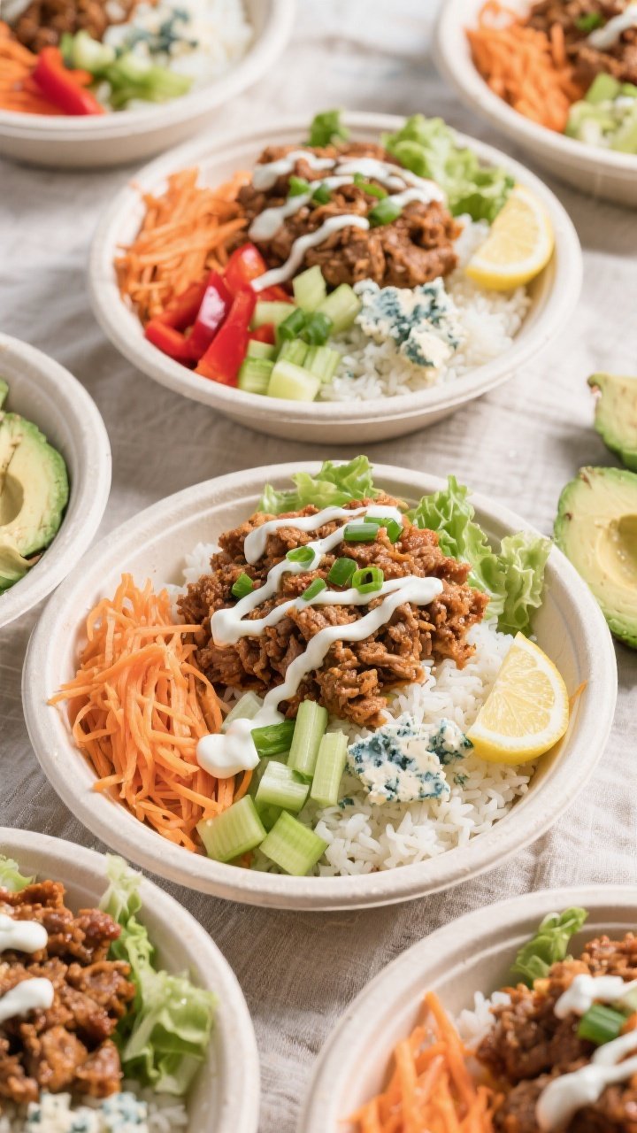 Tasty top view, meal-prep focus: Overhead shot of assembled buffalo turkey meal-prep bowls—fluffy 