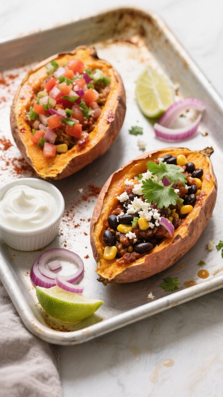 Tasty top view, meal-prep friendly variety: Overhead shot of two stuffed sweet potatoes on a rimmed