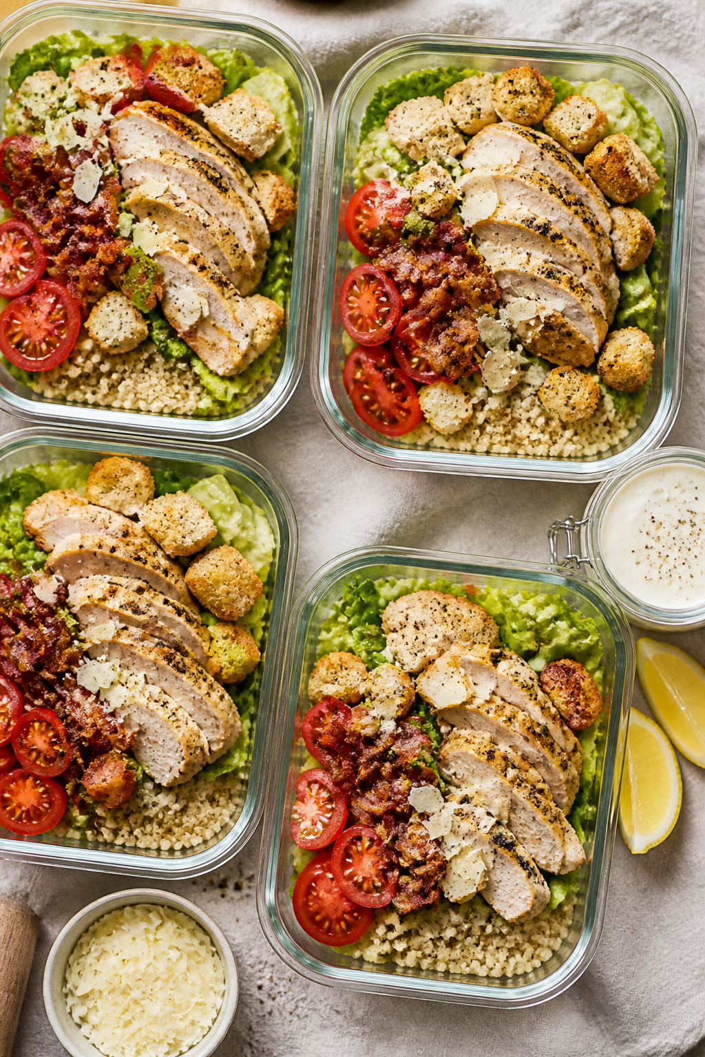 Tasty top view — Meal-prep lineup of Chicken Bacon Caesar Bowls: Overhead shot of several open mea