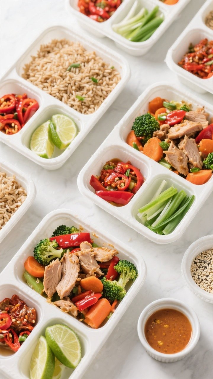 Tasty top-view meal prep spread: Overhead shot of multiple meal-prep containers arranged neatly—on