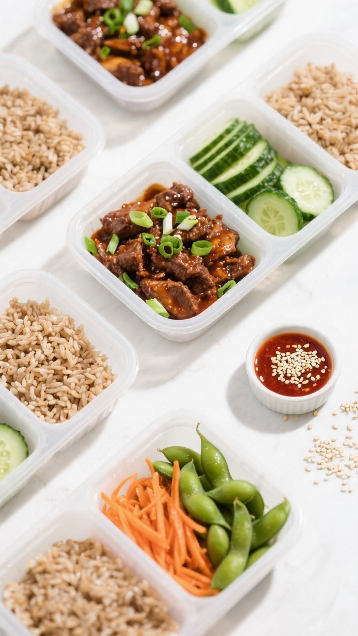 Tasty top-view meal prep spread: Overhead shot of multiple neatly arranged meal-prep containers—on