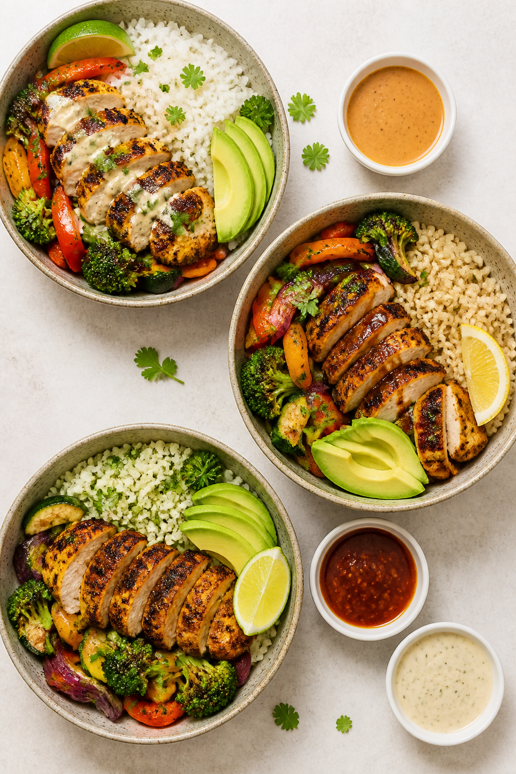 Tasty top view, meal prep/variety: Overhead shot of three build-your-own bowls showing variations—