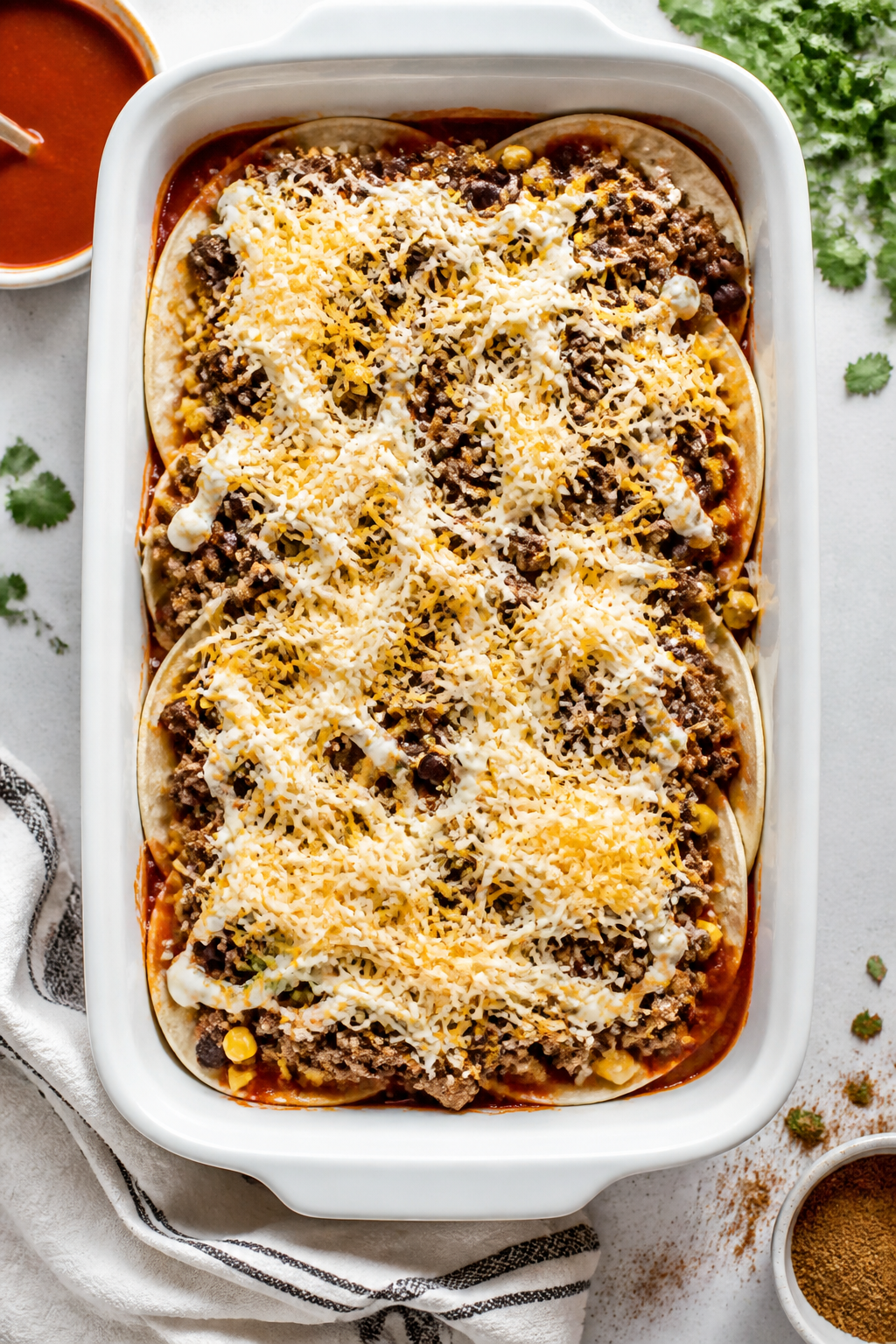 Tasty top view, mid-assembly: Overhead shot of the casserole dish during layering—corn tortillas n