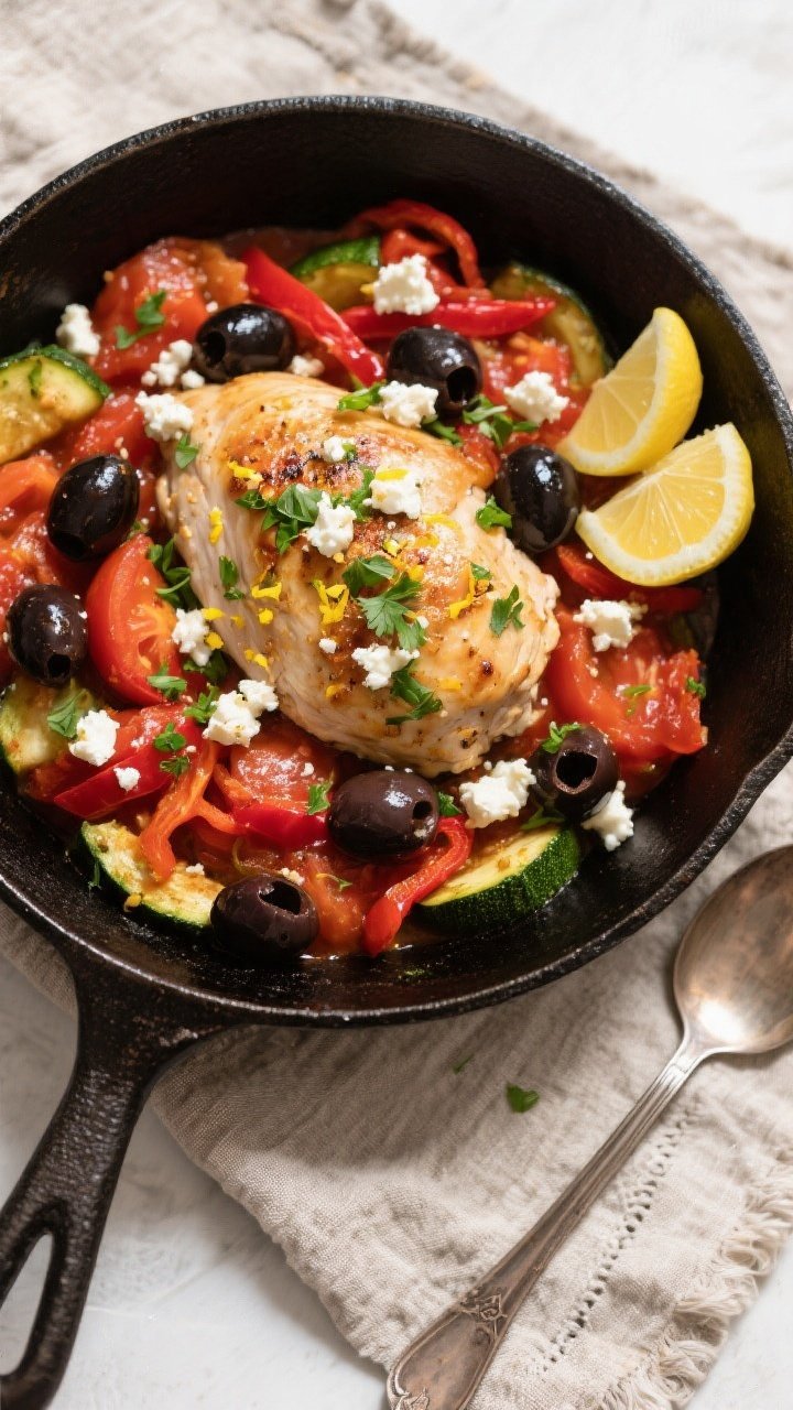 Tasty top view, one-pan finish: Overhead shot of the completed Mediterranean Chicken Skillet in a bl