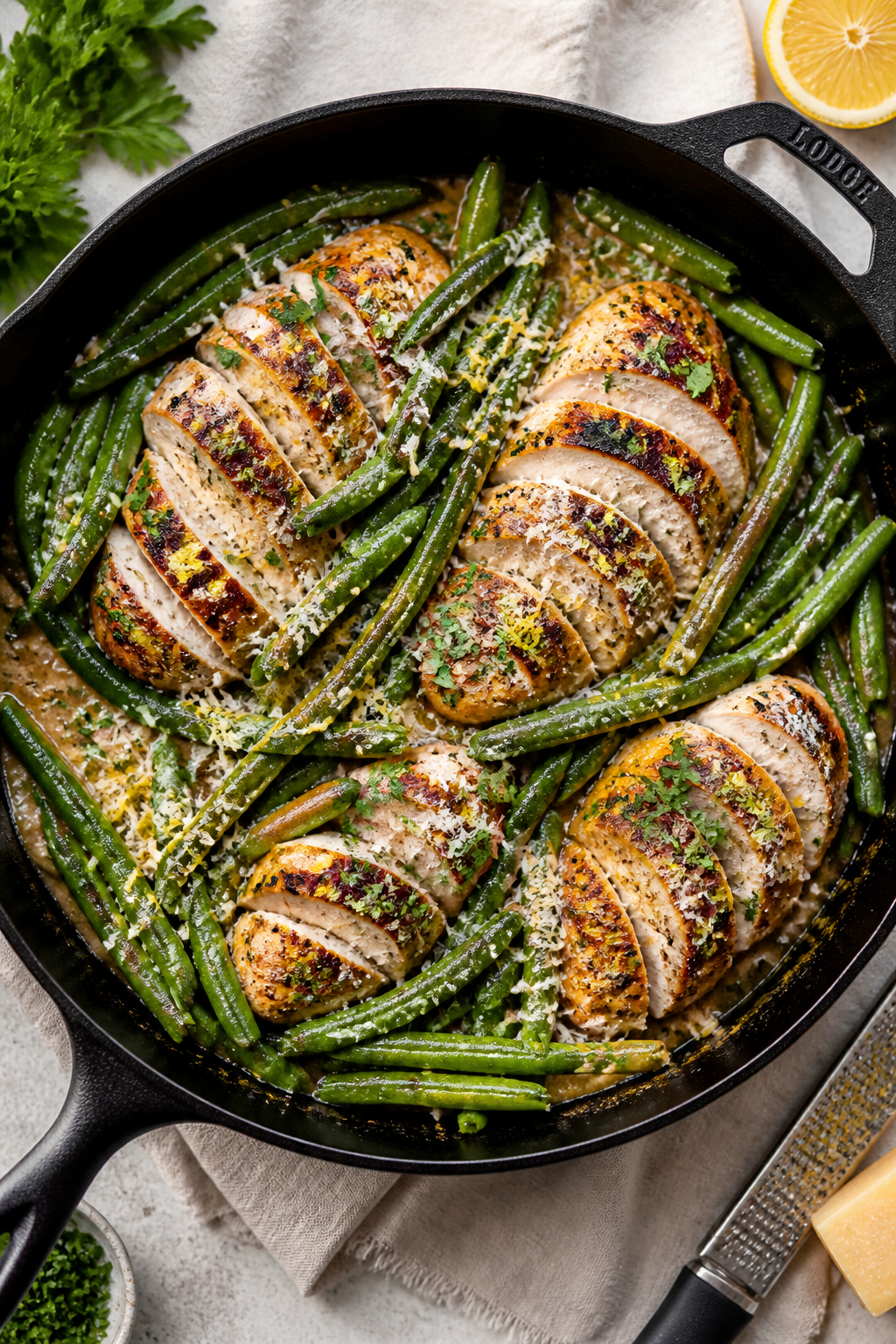 Tasty top view, one-pan finish: Overhead shot of the finished Garlic Parmesan Chicken & Green Beans 
