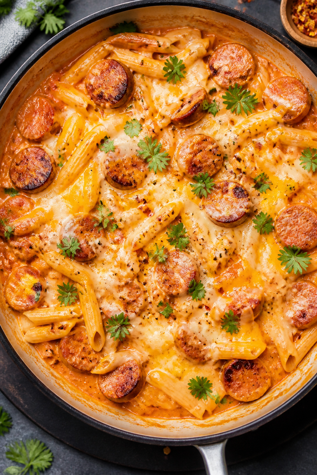 Tasty top view, one-pan moment: Overhead shot of the one-pan cheesy smoked sausage pasta at the simm