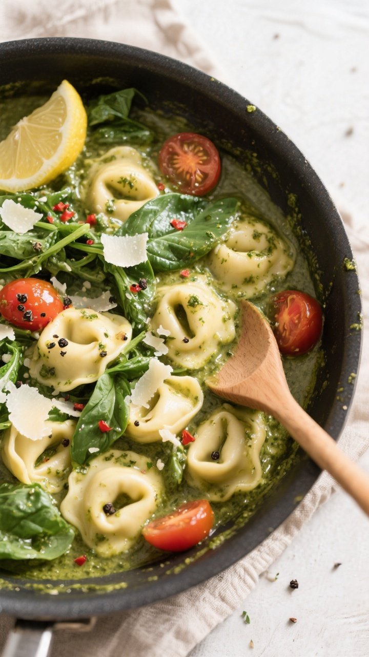 Tasty top view – One-pan tortellini finishing in pesto cream: Overhead shot of cheese tortellini s
