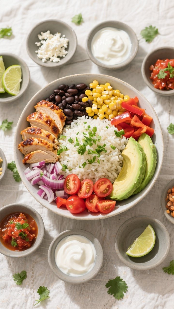 Tasty top view, overhead assembly: Overhead shot of a build-your-own burrito bowl spread featuring a